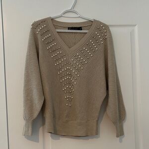 New York & Company V-Neck Sweater with Pearl Details